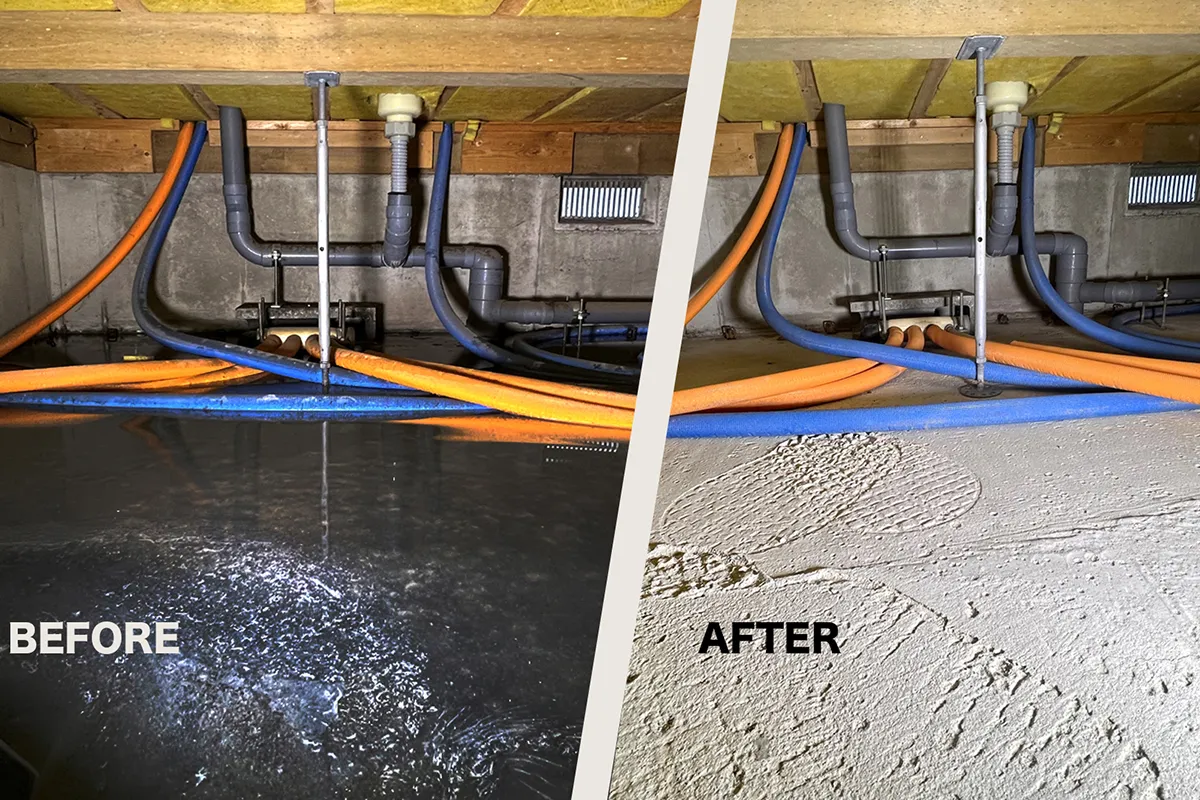 床下浸水の復旧ビフォーアフター。左は泥水で汚染された床下、右はアクサムによる洗浄・乾燥・消毒完了後