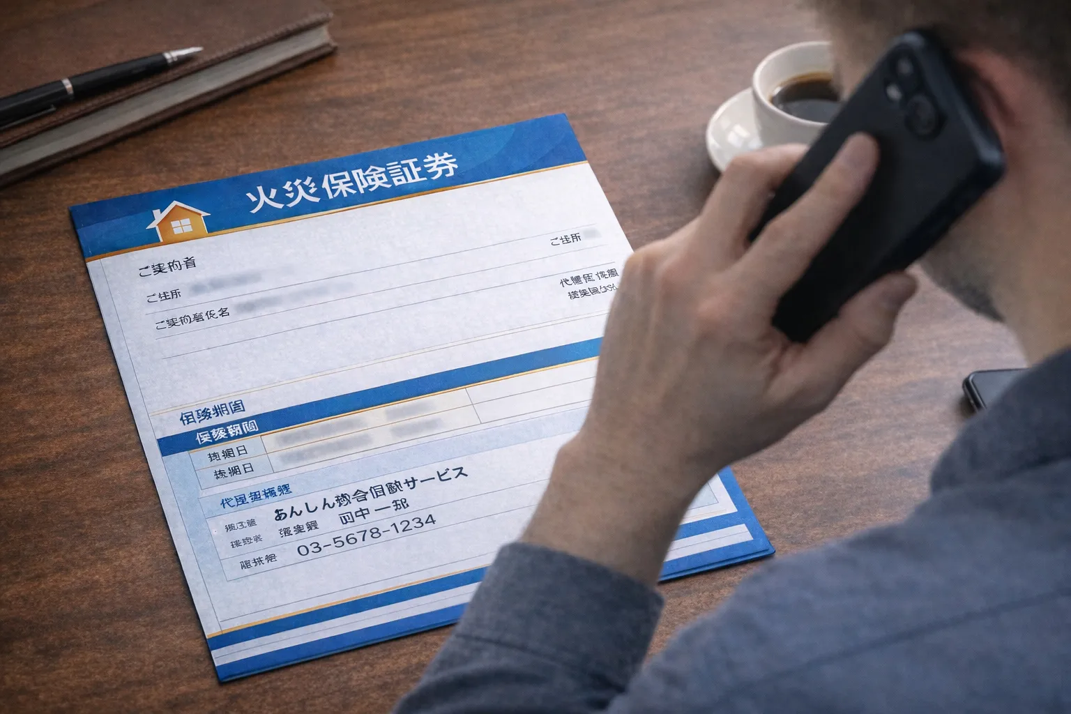 保険証券を手元に置いて保険会社に電話している様子