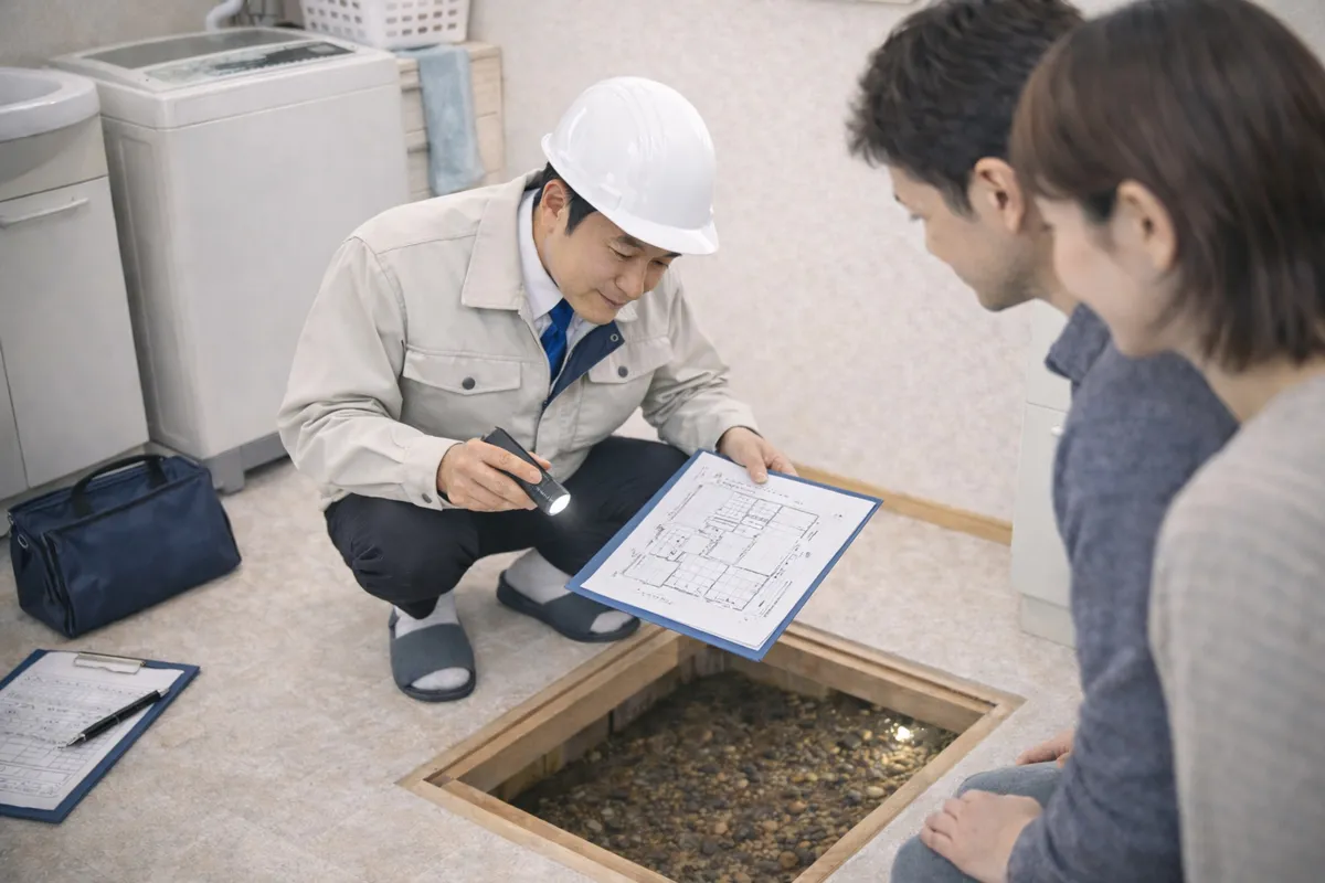 火災保険の鑑定人が床下浸水の被害状況を査定しているイメージ。保険会社は独自の基準で査定を行うため、罹災証明書がなくても保険金の支払い判断ができる。
