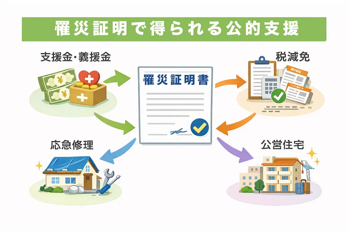 罹災証明書で受けられる公的支援の一覧イメージ（支援金・義援金・税減免・応急修理・公営住宅など）