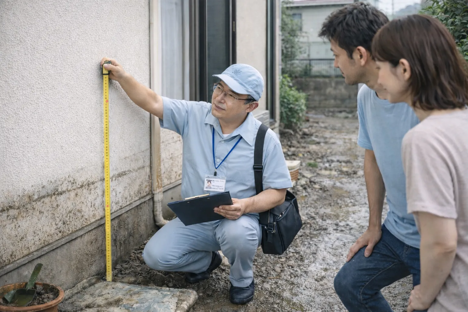 行政の調査員が外壁の浸水跡にメジャーを当てて浸水の高さを計測している様子