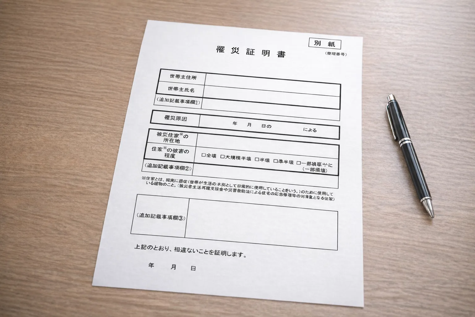 テーブルの上に置かれた罹災証明書。市区町村の役所で無料で申請できる公的書類。