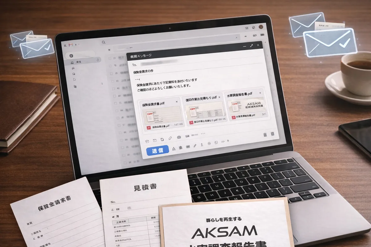 火災保険の申請書類一式とメールでの提出イメージ。保険金請求書、見積書、被害写真など