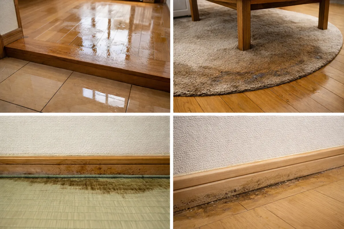 床上に水が到達した痕跡。フローリングの水染みや巾木の水跡が残っている