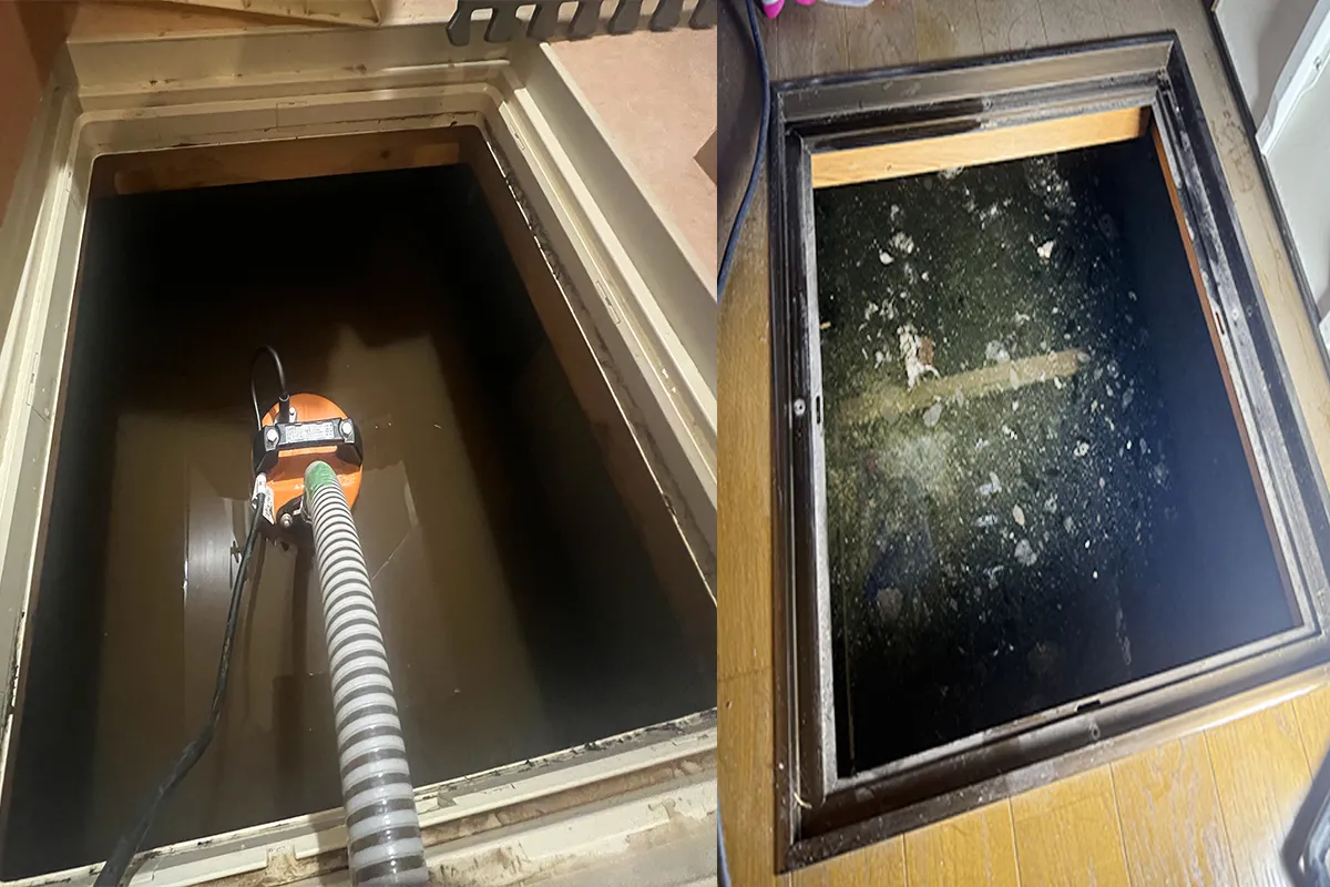 床下浸水の2つの原因を比較した写真。左は豪雨による泥水浸水、右は給湯管破損による漏水