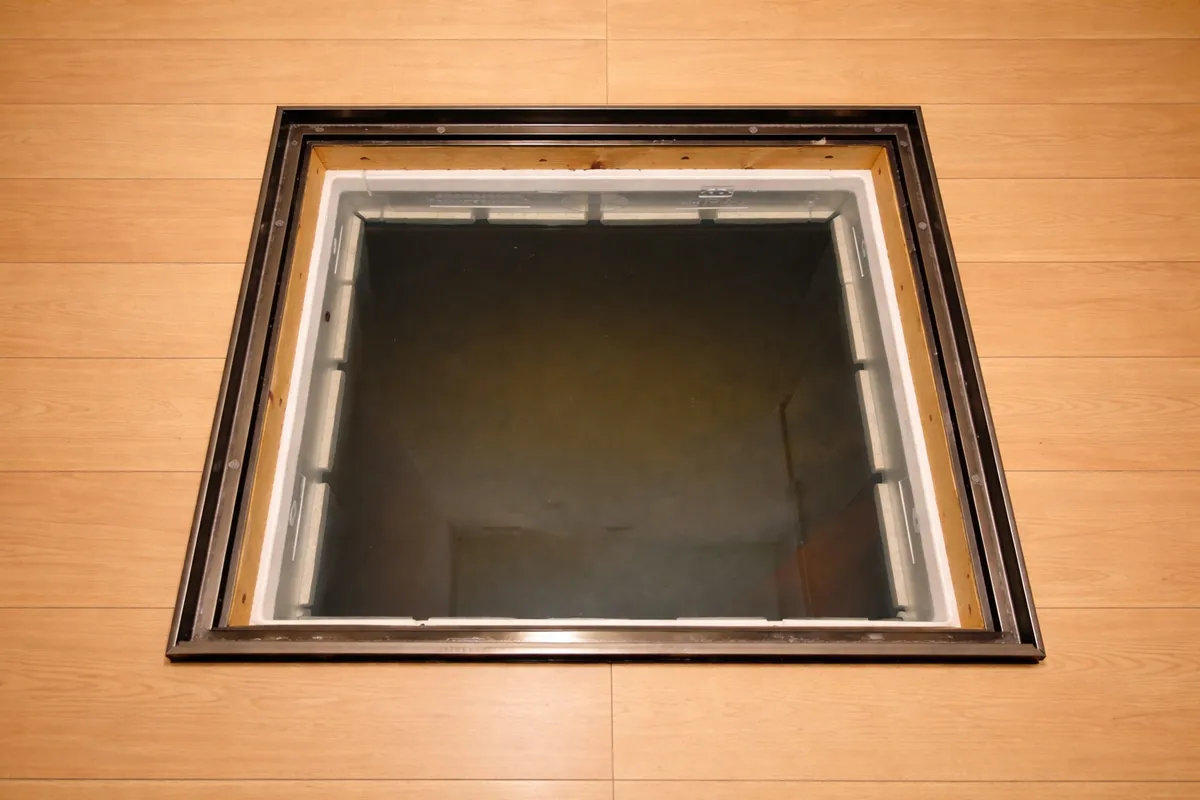 床下点検口を開けて上から覗いた床下の浸水状態。泥水が溜まっている