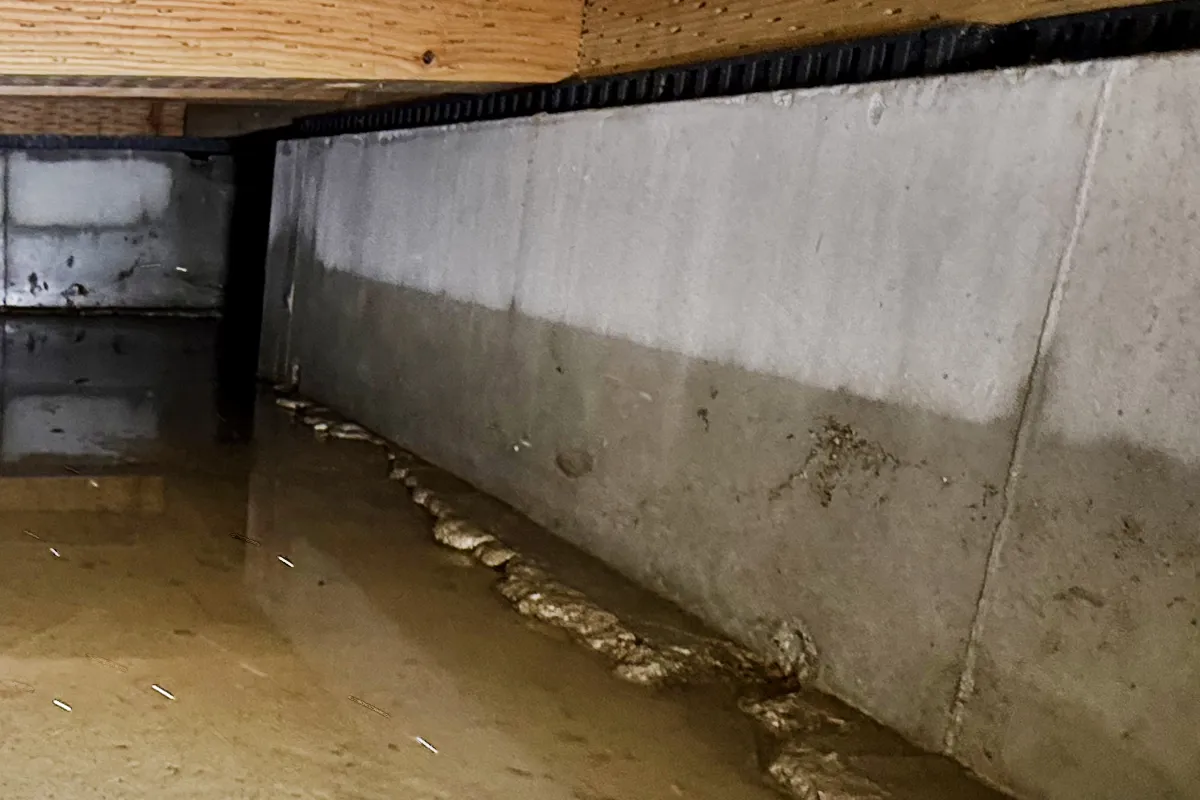 床下の基礎コンクリートに残った浸水線。外壁と同様の重要な証拠