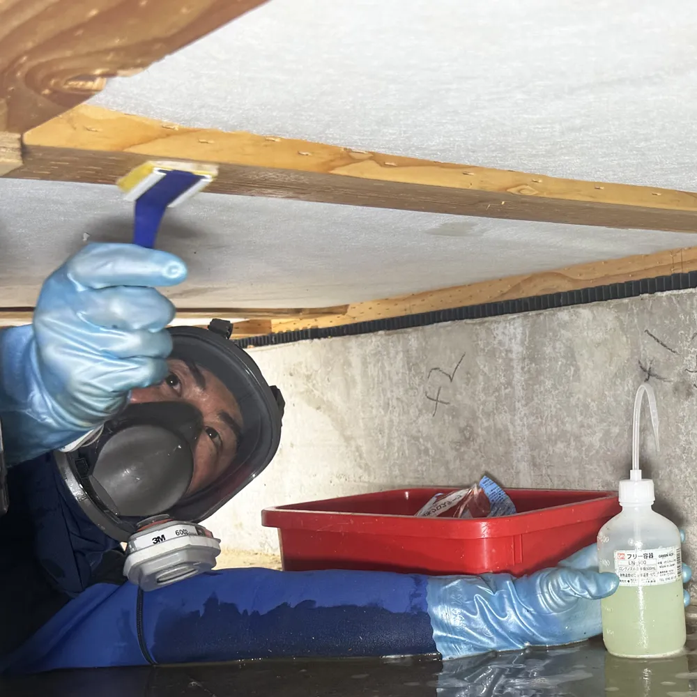 カビ除去作業中のゴールドモア認定技術者