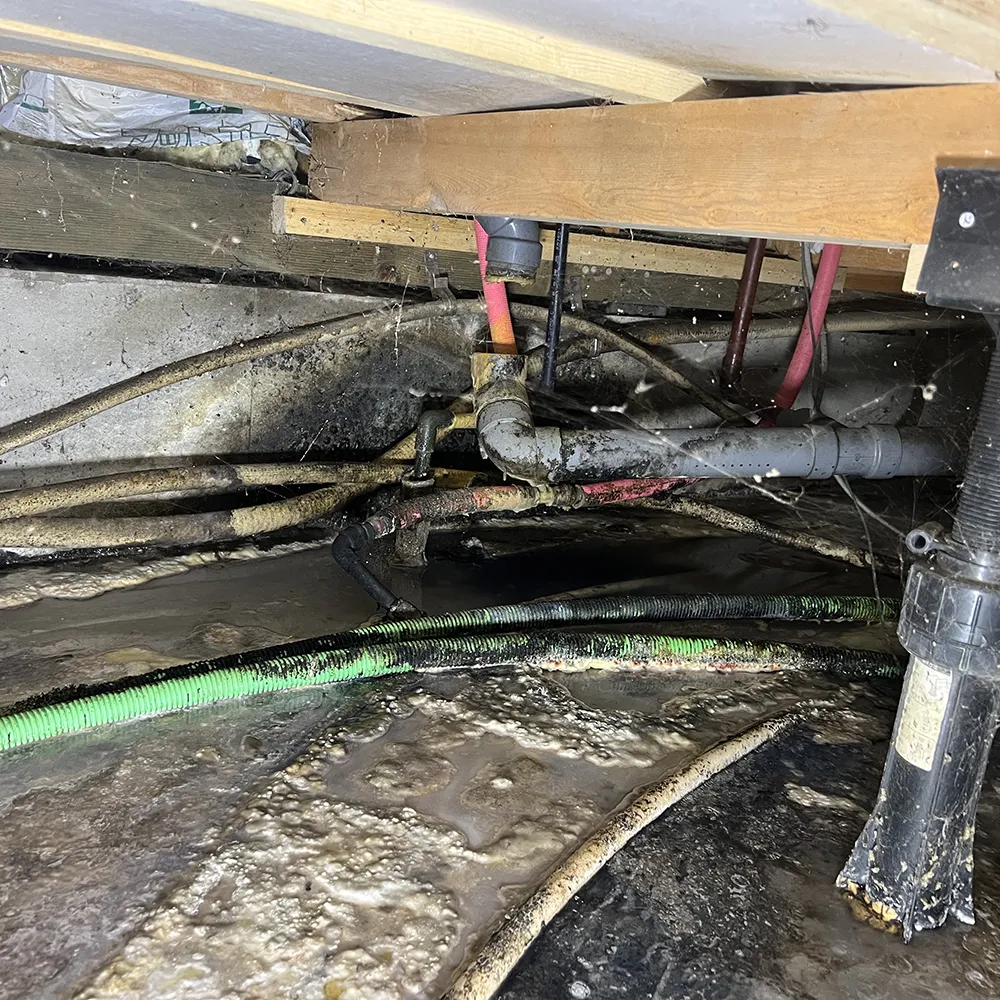 群馬県太田市で発生した排水漏れによる床下浸水の現地調査で、点検口から汚水滞留を確認している様子