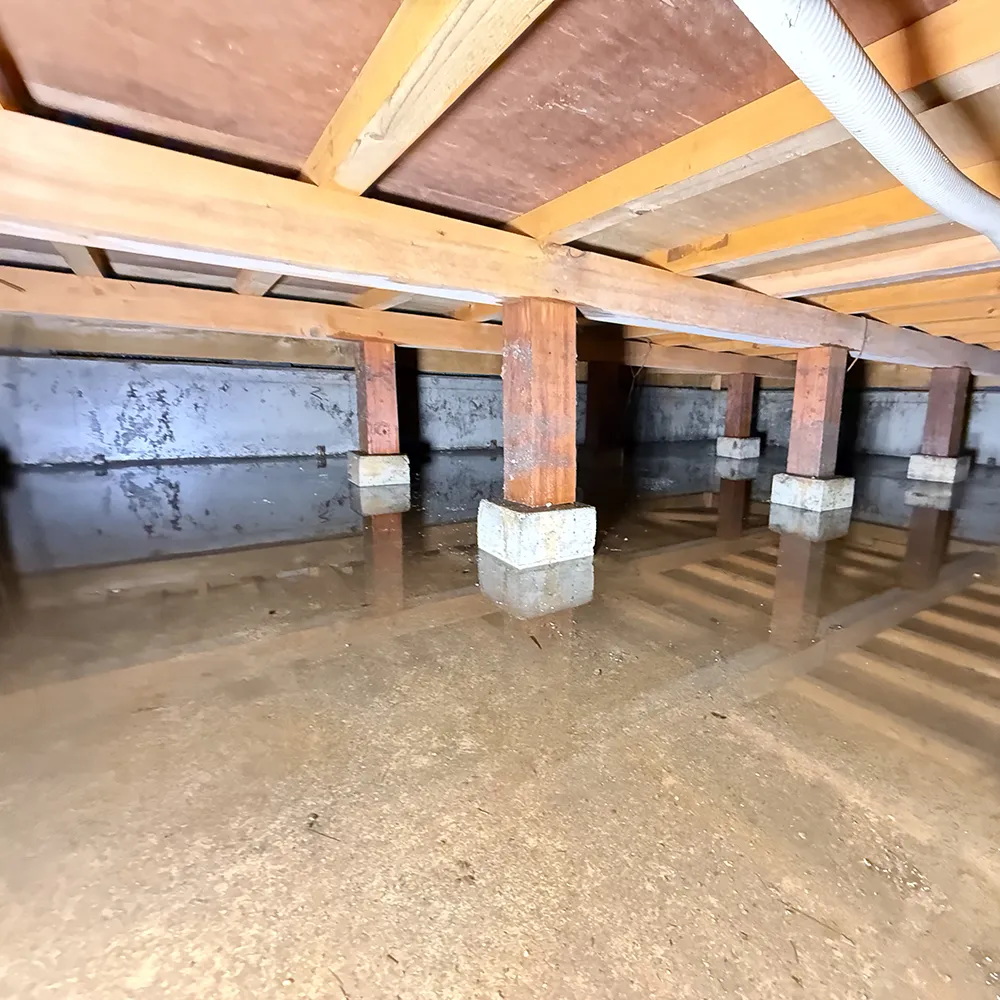 施工前：給湯管漏水により床下に水が溜まり水面が反射している状態