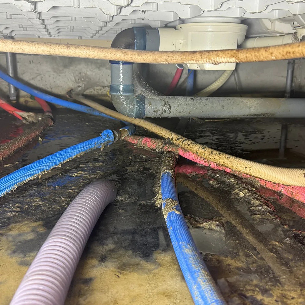 排水管外れにより床下に漏水が発生